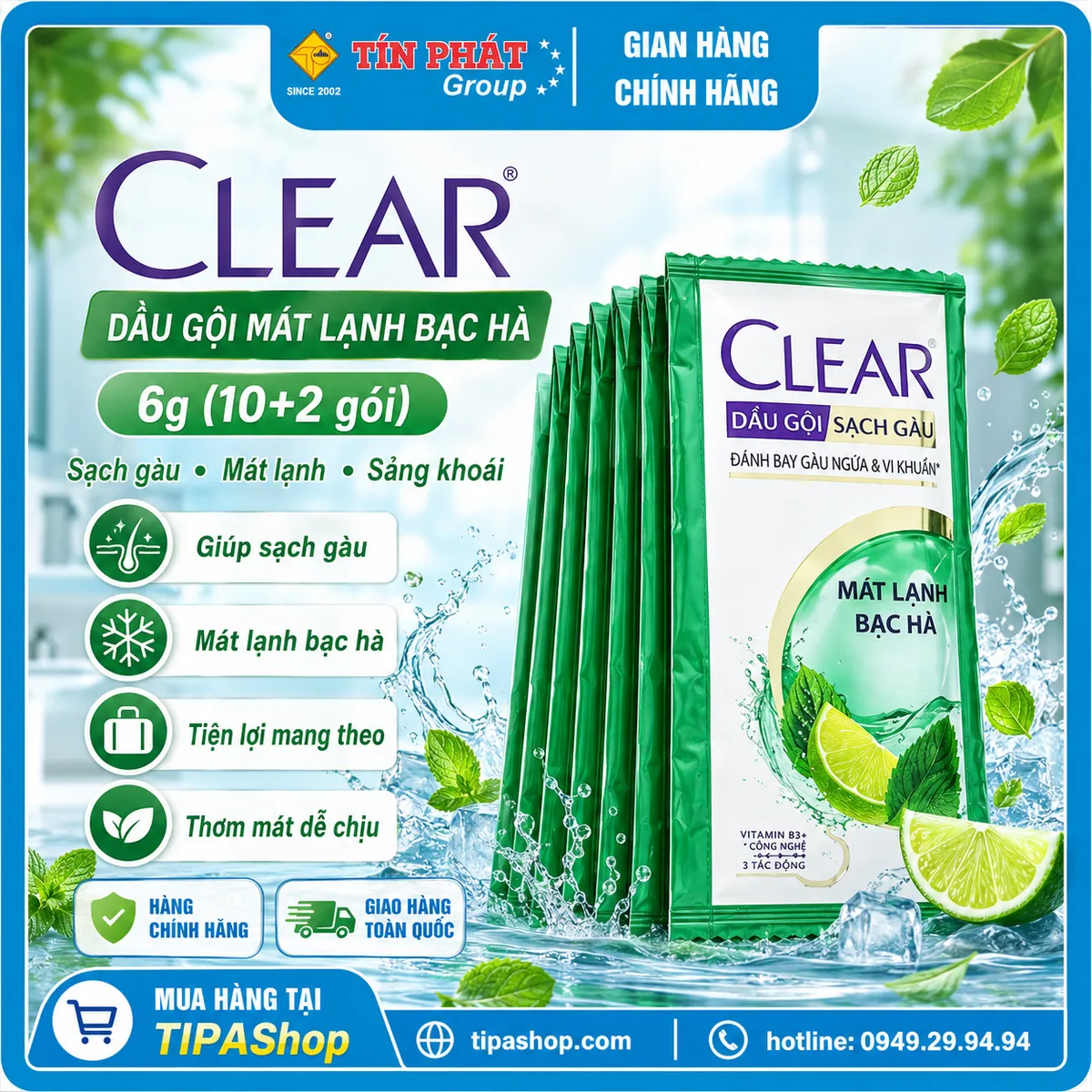 Clear dầu gội mát lạnh bạc hà 6gr(10+2 gói)